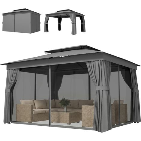 Outsunny Gazebo in Metallo a 2 Livelli con Zanzariere e Tende Grigio Scuro (1/5)