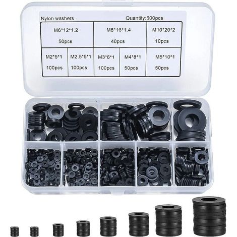 Bardusch-500 Pièces Rondelles Plates Nylon Noir, Rondelles Plates Isolation Rond Joint Spacer Joint Plomberie Assortiment Kit M2/M2.5/M3/M4/M5/M6/M8/M10 (1/5)