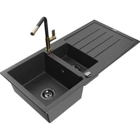 Mexen Andres lavello in granito 1,5 vasche con scolapiatti e miscelatore Flora, nero maculato - 6515-76-670401-57-B (1/5)