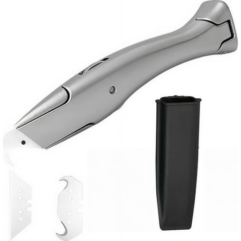 4 Pièces Cutter de Sécurité pour Moquette, Set de Couteaux à Crochet avec Lames Trapézoïdale et à Crochet, Design Ergonomique en Aluminium pour Tapis, PVC et Matériaux Divers, Argent (1/5)