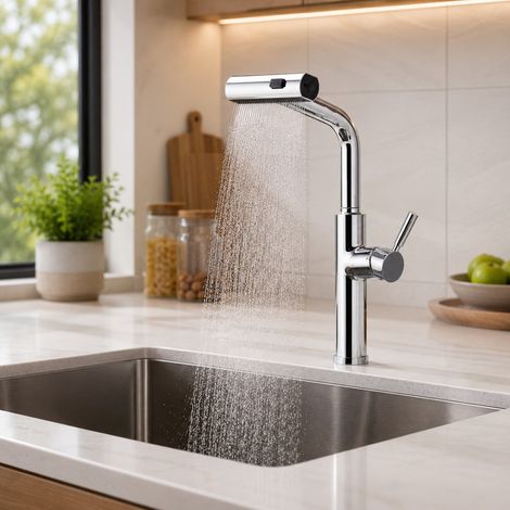 360° Rotatable Kitchen Sink Tap, Retractable Pull-Down Sprayer Mixer Tap Made of 304 Stainless Steel, Hot Cold Water Single Handle Kitchen Faucet (1/5)