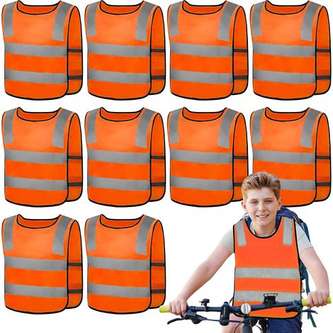 Conjunto de 10 chalecos de seguridad para niños, chalecos reflectantes de seguridad para niños en bicicleta (de 3 a 12 años), para correr al aire libre, andar en bicicleta y para el tráfico rodado.