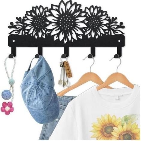 Crochet mural en métal pour clés, fleurs, feuilles, 25 x 12 cm, motif tournesol, décoration murale, porte-clés, avec 5 crochets pour suspendre cadeaux, manteaux, chapeaux, serviettes, sacs (1/5)