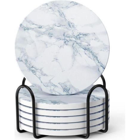 Dessous de verre, lot de 6 sous-verres en cristal, absorbants, avec base en liège et support, effet marbre blanc. Décoration idéale pour la maison, bars, cafés, fêtes, bureaux, ou comme cadeau pour ma (1/4)