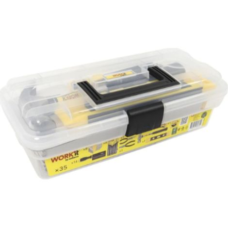 remplie de 34 pièces – Mallette à outils remplie de marteau, pinces, tournevis et embouts – boîte à outils compacte en plastique transparent (1/5)