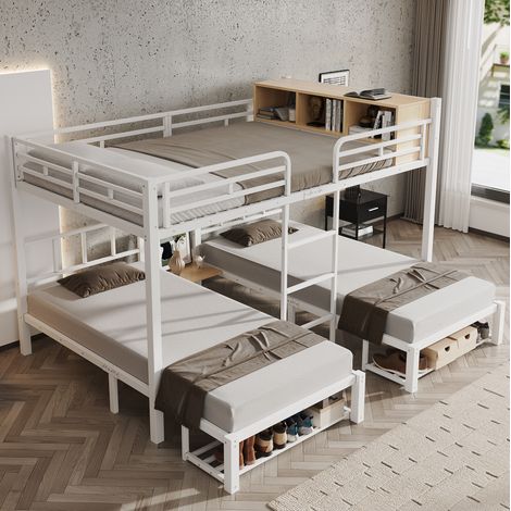 Litera triple de metal 140x200 y 2x90x200 cm, blanca y natural, OKMYHOME (1/5)