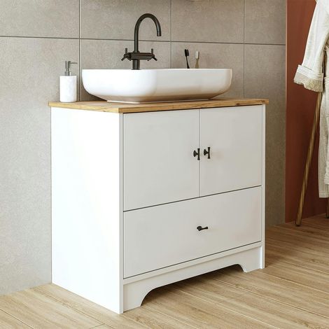 Meuble vasque salle de bains 80 cm blanc 2 portes 1 tiroir DOUNA (1/5)