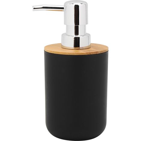 Set mit 6 Badezimmeraccessoires aus PP-Bambus, schwarz, weiß, grau: Seifenschale, Zahnbürstenhalter, Spülbecher, Lotionflasche, Abfalleimer, Toilettenbürste.