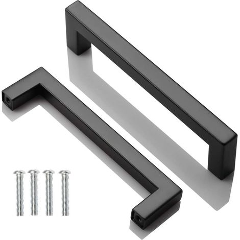 2pcs Poignee de Meuble Cuisine Noir, Acier Inox Poignees Meubles Carree Entraxe 128 mm, pour Commode Salle de Bain, Tiroirs, Armoires, Placard, avec des vis (1/5)