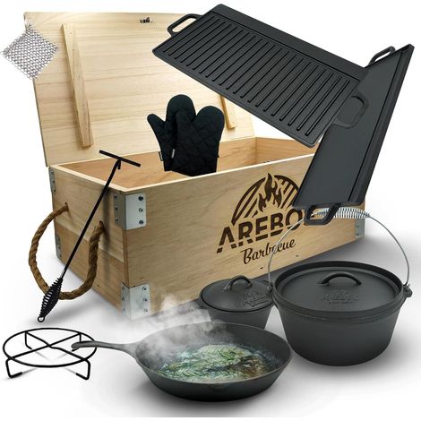 Arebos – Set de cuisson en fonte pour barbecue – Caisse en bois 55x34x21cm – Gants de protection inclus – Capacité 3,6L à 5,55kg (1/5)