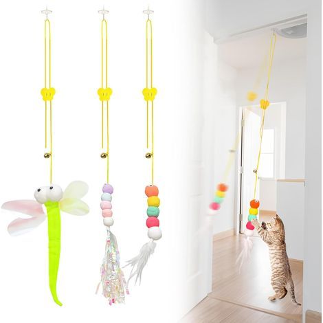 Jouet Chat Interactif 3 Pièces Réglableauto Adhésif Jouet Chat Jeux Chat Appartement Canne a Peche Chat avec Cloche Jouet Chat Plume Cadeau pour Chat (1/5)
