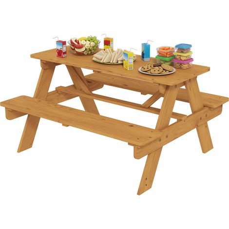 Table pique-nique enfant avec bancs - AIYAPLAY - cadre en bois massif - pour 3 à 8 ans - 90 x 35 x 49 cm - bois naturel