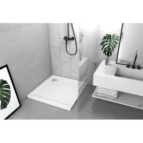 ECOLAM Receveur de douche Carré plat Caspar 80x80 cm Hauteur: 5 cm, Profondeur: 3 cm, siphon. Receveur de douche acrylique blanc (1/5)