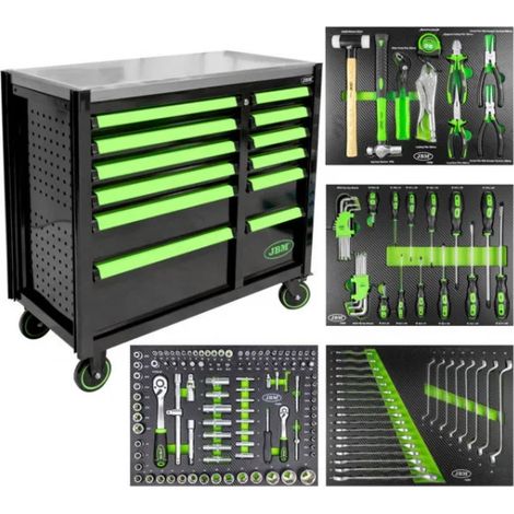 JBM 53939 Cassettiera con 12 cassetti verde con attrezzi 172 Pz.