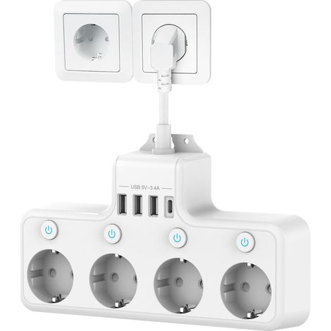 Prise 3680 W à 4 positions, cordon court, multiprise avec 4 ports USB et 1 port USB-C, norme européenne (1/5)