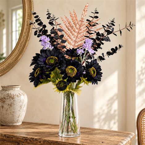 80cm Artificial Purple Sunflower and Gold Botanik Display Glass Vase (1/5)