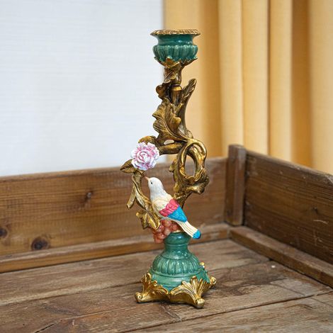 Bougeoir Décoratif Motif Oiseau et Fleur Chandelier XL Doré Bleu et Vert 11x11x33 cm - PANGIVO