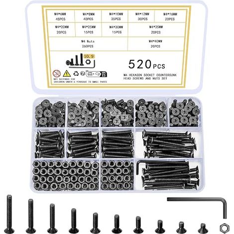 520 Pcs M4 Countersunk Head Hex Socket Head Screws Bolts Nuts Kit Bolts Hex Socket Head Screws Hex Flat Head Screws Assortment Kit (1/5)