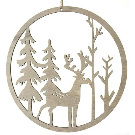 Kaemingk – Décoration de fenêtre ronde avec cerf et sapins – Bois, naturel, Ø 30 cm (1/2)