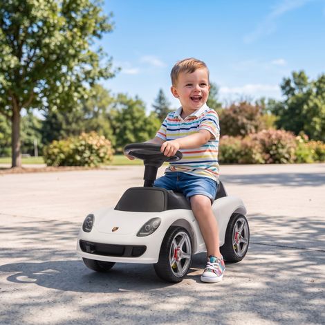 Voiture électrique Porsche pour enfants de 18 à 36 mois, avec klaxon, phares et bruit de moteur, blanche. (1/5)