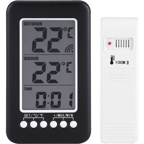 Thermomètre Intérieur Extérieur Sans Fil - Affichage LCD Numérique - Capteur Transmetteur 433 MHz - Horloge 12/24 H - 1 Pièce (1/5)