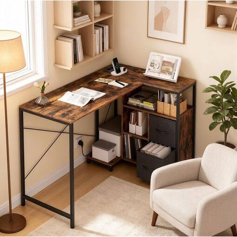 Scrivania in legno e metallo a L 120 x 80 cm marrone, reversibile con presa elettrica e contenitori (1/4)