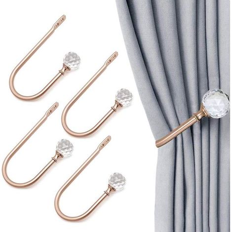 Set mit 4 U-förmigen Vorhanghaltern mit transparentem Kristallball – Wanddekoration – Roségold