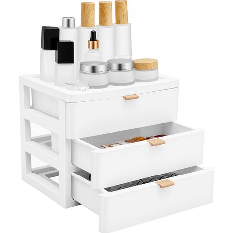 3 Drawers Desktop Storage Box, Plastic Desk Organizer with Drawer for Home Office, White (1/5)