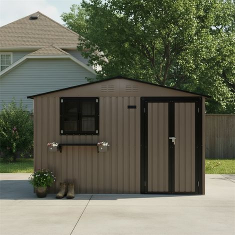 Abri de jardin - 313.1x255.4x199.9cm - cabane a outils en acier galvanise avec 2 fenetres et etagere - Marron et noir (1/5)