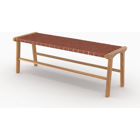 Banc 120 cm en cuir tressé marron et bois de teck - KUNA (1/5)