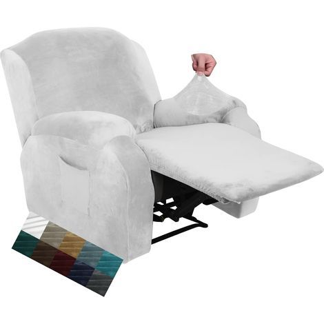 CHELZEN Velvet 4-teiliges Set aus separaten elastischen Plüsch-Chaiselongue-Bezügen mit Seitentaschen (Weiß) (1/5)