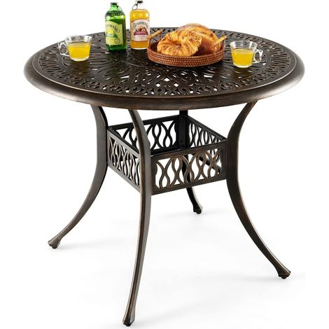 Costway – Table de jardin ronde 90 cm en aluminium – Trou pour parasol 5 cm – Pieds réglables antidérapants – Capacité 91 kg – Pour patio, piscine, terrasse (1/5)