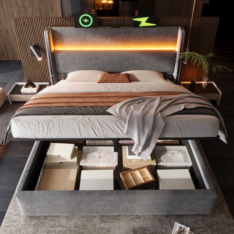 Bett mit Stauraum Leinen Grau 140x200 cm, hydraulisches Polsterbett mit LED, USB/Type-C und Matratze (1/5)