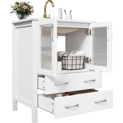 CHICFURN Mueble de baño con lavabo 61 cm blanco brillo con lavabo cerámico, puertas de vidrio acanalado, 2 cajones y armario de pie, sin grifo (1/5)