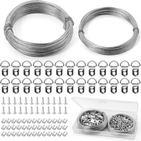 40m Hanging Wire Kit, Durable Hanging Cord with 60 D-Rings, 60 Screws, 75 Crimp Sleeves for Picture Frames, Mirrors and Wall Decor (1/5)