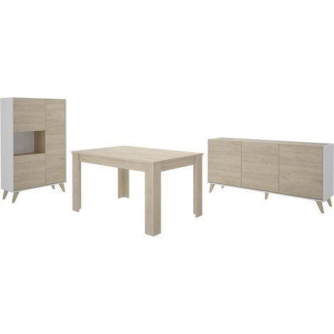 Pegane – Salle à manger complète – Table extensible 140/190 cm – Buffet 3 portes – Vitrine 3 portes et 1 niche – Finition bois naturel/blanc (1/5)