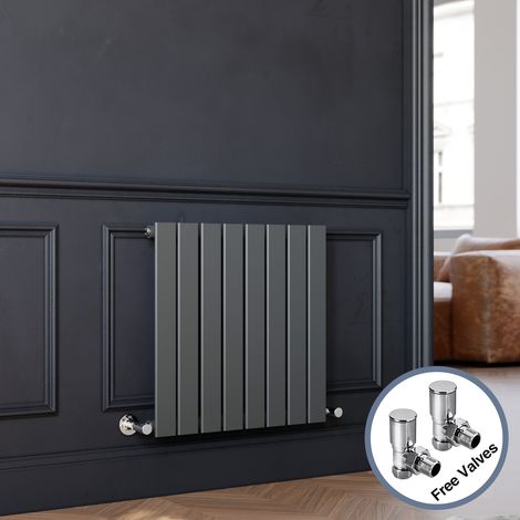 ELEGANT Designer Horizontal Flat Panel Radiator + Angled Radiator Valves 600 x 600 mm Anthracite Single Heater (1/5)