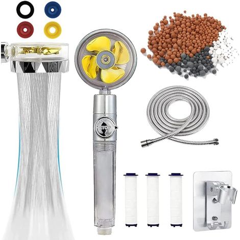 Pommeau de Douche Anticalcaire à Economie d'eau Douche à main Pomme de Douche à Hélice haute Pression Rotative à 360 ° Système de Filtration à trois Etages avec4 cotons Filtrants pp et 1Tuyau(jaune) (1/5)
