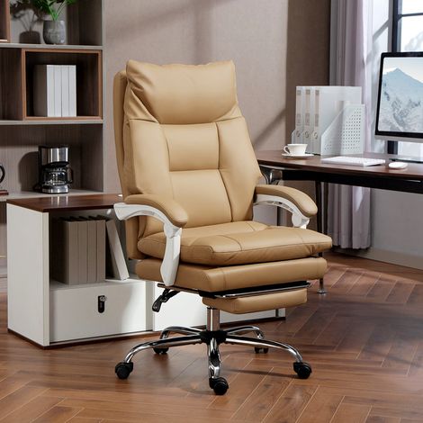 Silla de oficina ergonómica con soporte lumbar, reposabrazos plegables y reposapiés, color marrón claro. (1/5)