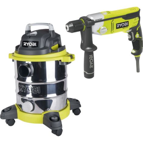 Pack RYOBI Aspirateur eau et poussière - 1250W - 20L - RVC-1220I-G - Perforateur Burineur SDSPLUS - 1050W - RSDS1050-K