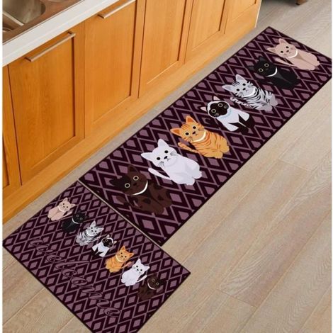 Lot de 2 Pcs Tapis de Cuisine Marron Devant Évier Tapis Antidérapant Chat Imprimé Décoration Maison