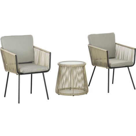 Set da Esterno con Tavolino in Vetro e 2 Sedie da Giardino in Rattan Stile Boho, Caffè