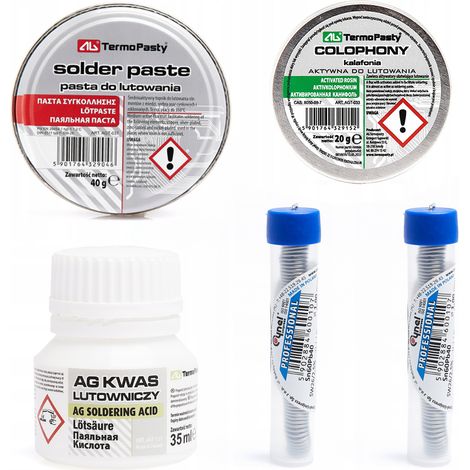 Set composto da acido per saldatura + colofonia 40 g + pasta saldante 40 g + 2 flaconi in latta Cynel