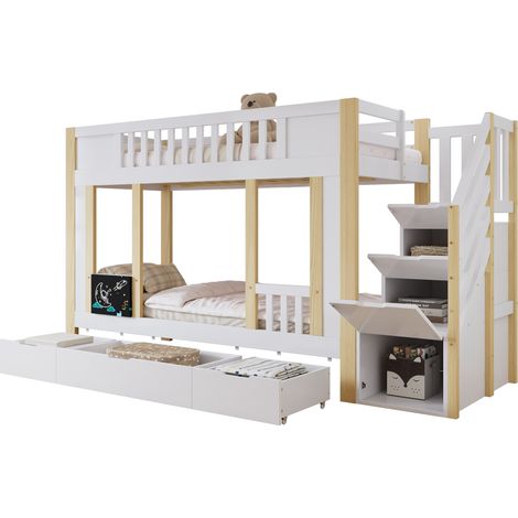 Lit superposé enfant 90x200 avec escalier rangement, 3 tiroirs à roulettes, tableau à craie, gain de place blanc et bois clair pour chambre d'enfant - CHICFURN (1/5)