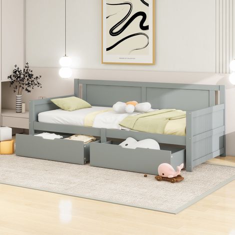 Letto singolo 90x200 cm, con 2 cassetti di stoccaggio, testata del letto, rete a doghe in legno, letto da giorno per bambini – Grigio