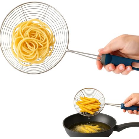 Écumoire en acier inoxydable Ø 12,5 cm – Passoire de cuisine pour pâtes, frites et fritures – Résistante à la chaleur, poignée ergonomique, 31,5 cm, Gris (1/5)