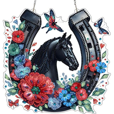 Pendentif peinture diamant cheval avec chaîne, décoration de fenêtre kit de bricolage 20x20cm (1/4)