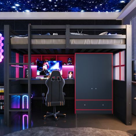 Lit Mezzanine 90x200 cm avec échelle, rangement et bureau, armoire et tiroirs intégrés, lit enfant/adolescent style gaming, noir et rouge (1/5)