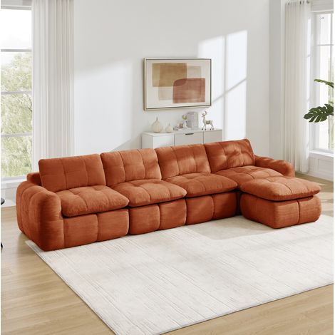 Canapé d'angle modulable L 4 places en chenille, 334 x 160 x 68 cm, orange DESVIAE (1/5)