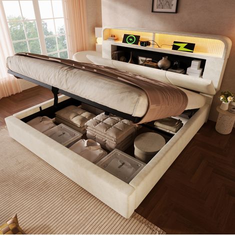 Lit coffre 160x200 LED USB velours beige avec matelas HAVRYA (1/5)